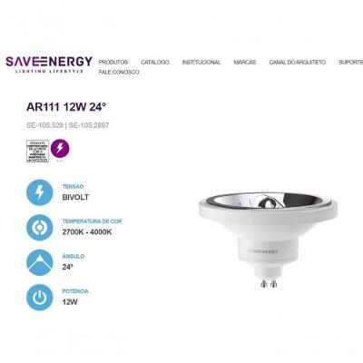 Lâmpada LED Save 12W 4000K AR111 Autovolt BR SE-105.2867 765LM Branco Casa Chafariz