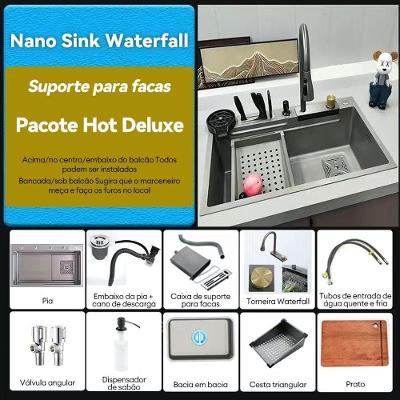 Kit Cuba de Embutir para Cozinha Gourmet com Torneira Flexível Retangular Aço Inox Cinza OEM
