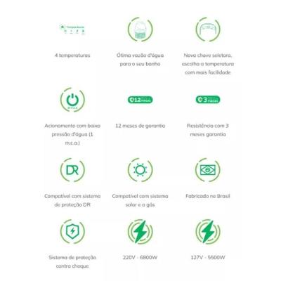 Ducha Elétrica Fluir Multitemperaturas 6800W com 4 Níveis de Temperatura Espalhada 220V