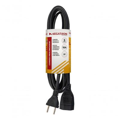 Cabo Prolongador 10A 2P Cordão 5 Metros 0 e 75mm² para Equipamentos em Longas Distâncias Preto