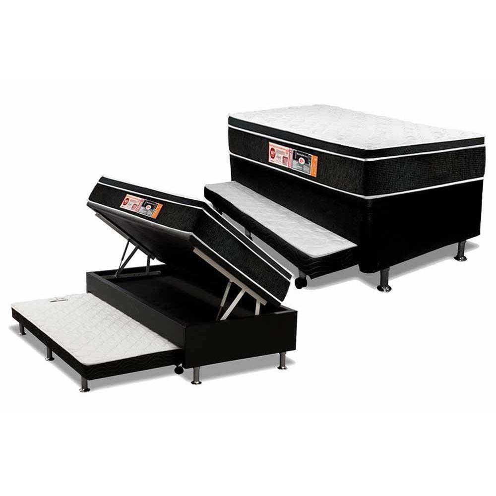 Cama Box Baú c/Auxiliar Solteiro: Colchão Espuma Castor D33 Black e White + Base CRC Courano Black(88x188) - 1