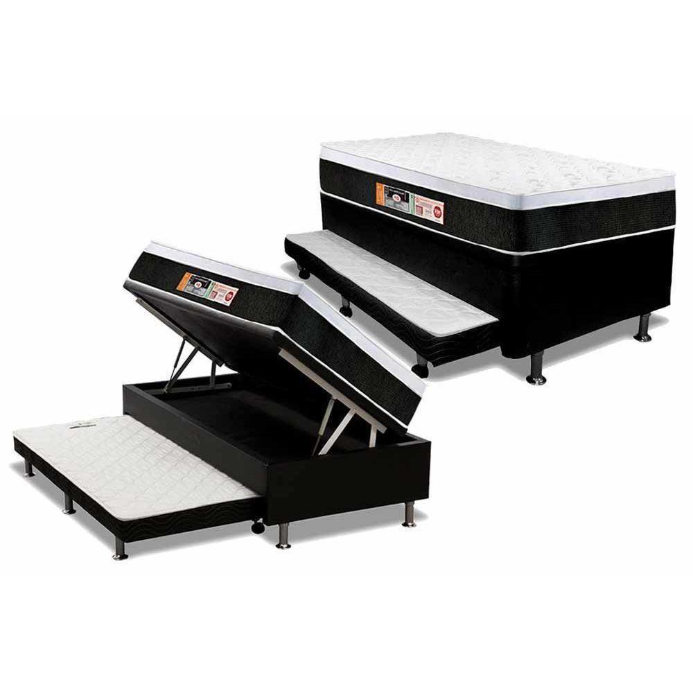 Cama Box Baú c/Auxiliar Solteiro: Colchão Espuma Castor D45 Black e White + Base CRC Courano Black(88x188) - 1