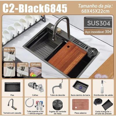 Kit Cuba Cozinha Gourmet com Torneira Flexível Retangular de Embutir Aço Inox Preto OEM