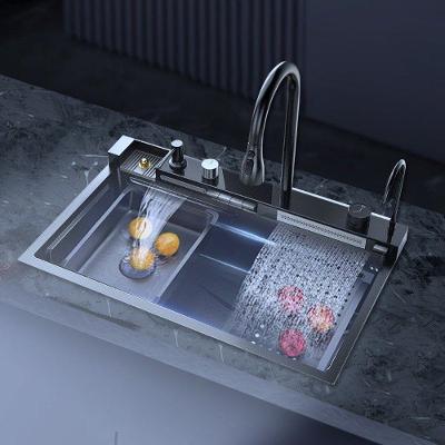Pia Cuba Cascata Retangular de Embutir Aço Inox 304 com Torneira e Lavador de Copos Preto OEM