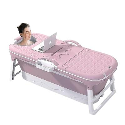 Banheira Ofurô Dobrável Portátil Adulto 117 cm com Suporte Retrátil Rosa VG Plus