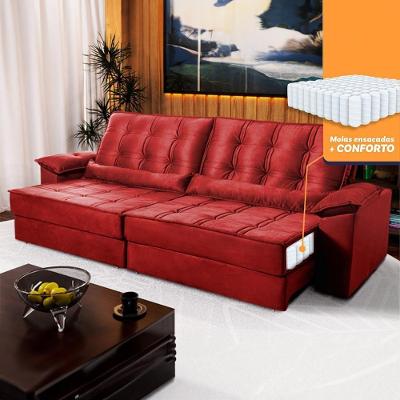 Sofá Retrátil Reclinável 2,50m Ascari Suede Velut Vermelho Molas Ensacadas - King House