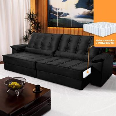 Sofá Retrátil Reclinável 3,00m Ascari Suede Velut Preto Molas Ensacadas - King House