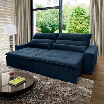 Sofá Retrátil Reclinável Amsterdam 3,00m Suede Velut Azul Marinho Molas No Assento - King House