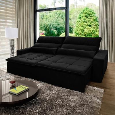 Sofá Retrátil Reclinável Amsterdam 2,50m Suede Velut Preto Molas No Assento - King House