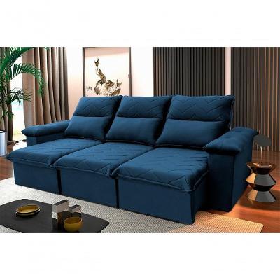Sofá Retrátil Reclinável Paris 2,30m Suede Velut Azul Marinho Molas No Assento - King House
