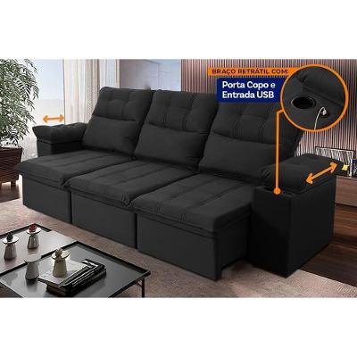 Sofá Retrátil Reclinável Verona Usb E Porta Copo 2,30m Preto