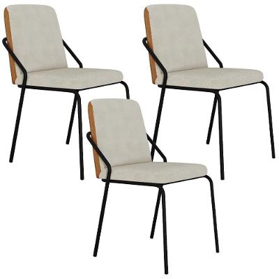 Kit 03 Cadeiras Estofada Para Sala De Jantar Loft Preto C01 Bouclê Vanilla Courino Caramelo - Lyam Decor
