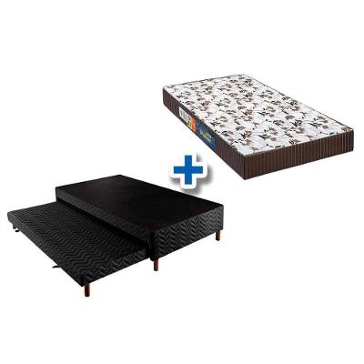Cama Box C/Auxiliar Solteiro: Colchão Espuma Polar D33 Pérola Brown + Base Crc Suede Black(88X188)