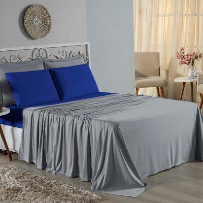 Jogo De Cama Solteiro Nobre 3 Peças Lençol Com Elástico De 30cm De Altura Malha 100% Algodão - Cinza / Royal