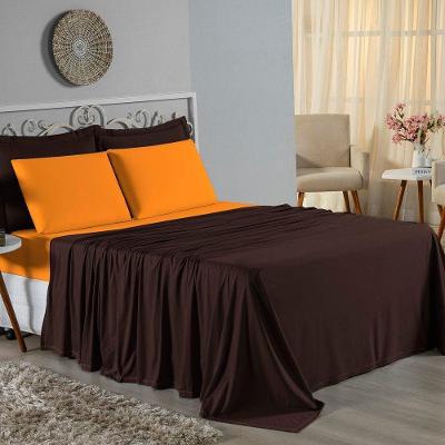 Jogo De Cama Solteiro Nobre 3 Peças Lençol Com Elástico De 30cm De Altura Malha 100% Algodão - Marrom / Laranja