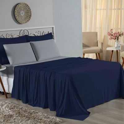 Jogo De Cama Casal Nobre 4 Peças Lençol Com Elástico De 30cm De Altura Malha 100% Algodão - Azul-marinho / Cinza
