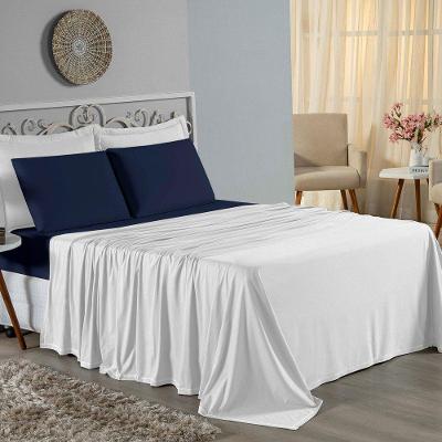 Jogo De Cama King Nobre 4 Peças Lençol Com Elástico De 30cm De Altura Malha 100% Algodão - Branco / Azul-marinho