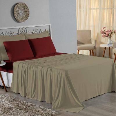 Jogo De Cama King Nobre 4 Peças Lençol Com Elástico De 30cm De Altura Malha 100% Algodão - Avelã / Vinho