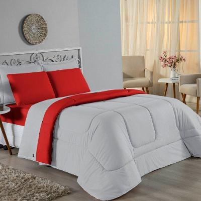 Kit Edredom Dupla Face + Jogo De Lençol Casal Nobre 6 Peças Malha 100% Algodão - Cinza / Vermelho