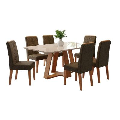 Conjunto Sala De Jantar Mesa Tampo Em Vidro 1,60m Maria 6 Cadeiras Tati Madeirado - Marrom