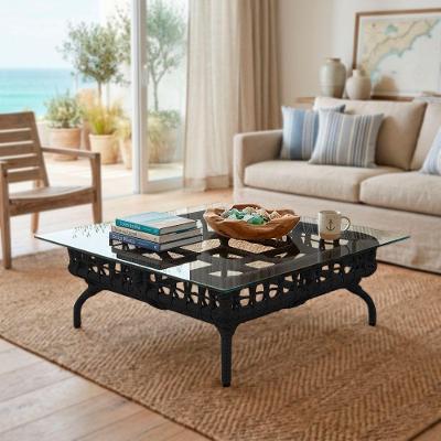 Mesa De Centro Com Tampo De Vidro Em Aço E Corda Náutica Preto Harpia