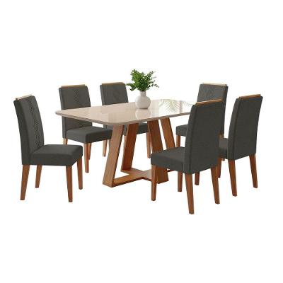 Conjunto Sala De Jantar Mesa Tampo Em Vidro 1,60m Maria 6 Cadeiras Tati Madeirado - Cinza