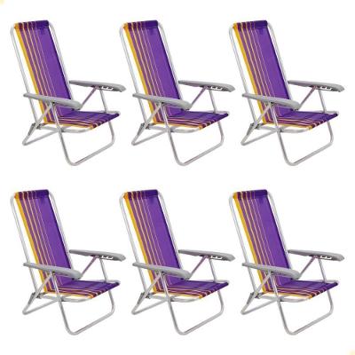 Kit 06 Cadeiras De Praia Reclin.tramontina Bali Baixa Em Alumínio C- Assento Roxo E Amarelo 92900103