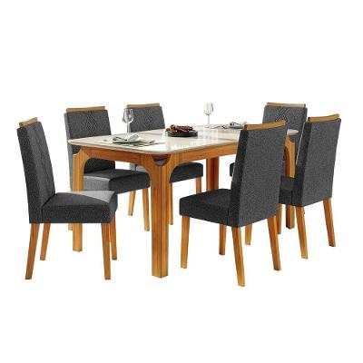 Conjunto Sala De Jantar Mesa Tampo Em Vidro 1,60m Mel 6 Cadeiras Tati Cedro - Cinza