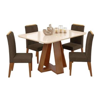 Conjunto Sala De Jantar Mesa Tampo Em Vidro 1,60m Maria 6 Cadeiras Tati Madeirado - Marrom