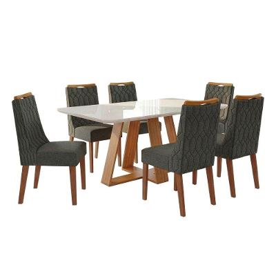 Conjunto Sala De Jantar Mesa Tampo Em Vidro 1,60m Maria 6 Cadeiras Bel Madeirado - Cinza