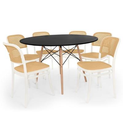 Conjunto Mesa De Jantar Redonda Eiffel Preta 120cm + 6 Cadeiras Roma - Branco