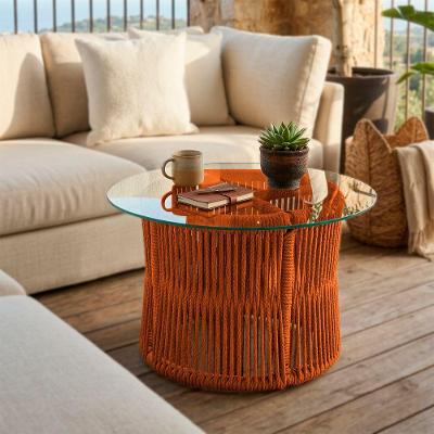 Mesa De Centro Com Tampo De Vidro Em Aço E Corda Náutica Terracota Makuni