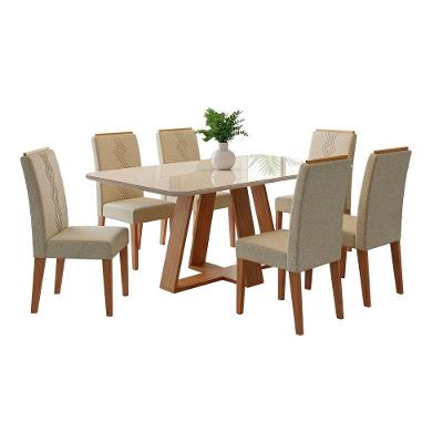 Conjunto Sala De Jantar Mesa Tampo Em Vidro 1,60m Maria 6 Cadeiras Tati Madeirado-cappuccino