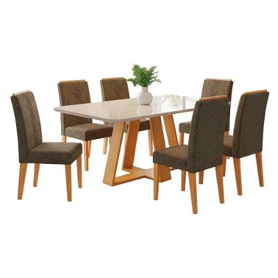 Conjunto Sala De Jantar Mesa Tampo Em Vidro 1,60m Maria 6 Cadeiras Tati Cedro-marrom