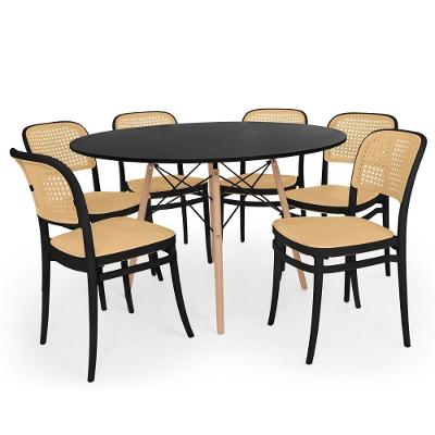 Conjunto Mesa De Jantar Redonda Eiffel Preta 120cm + 6 Cadeiras Roma - Preto