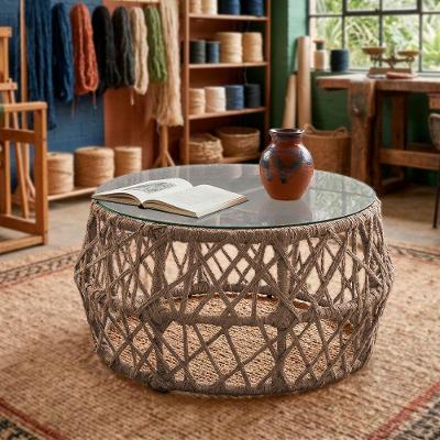 Mesa De Centro Com Tampo De Vidro Em Aço E Corda Náutica Rami Aruá