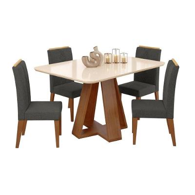 Conjunto Sala De Jantar Mesa Tampo Em Vidro 1,60m Maria 6 Cadeiras Tati Madeirado - Cinza