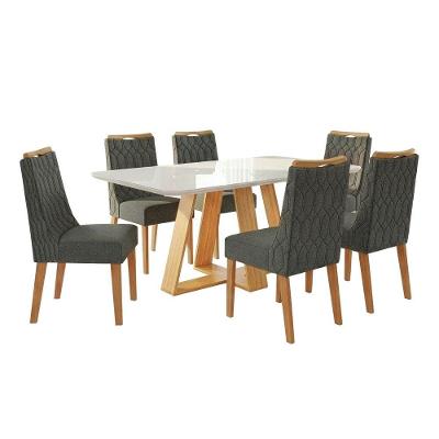 Conjunto Sala De Jantar Mesa Tampo Em Vidro 1,60m Maria 6 Cadeiras Bel Cedro - Cinza