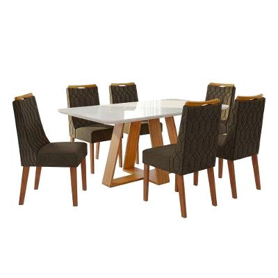 Conjunto Sala De Jantar Mesa Tampo Em Vidro 1,60m Maria 6 Cadeiras Bel Madeirado - Marrom
