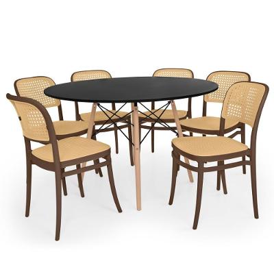 Conjunto Mesa De Jantar Redonda Eiffel Preta 120cm + 6 Cadeiras Roma - Marrom