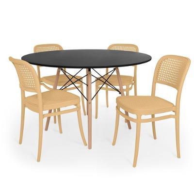 Conjunto Mesa De Jantar Redonda Eiffel Preta 120cm + 4 Cadeiras Roma - Nude