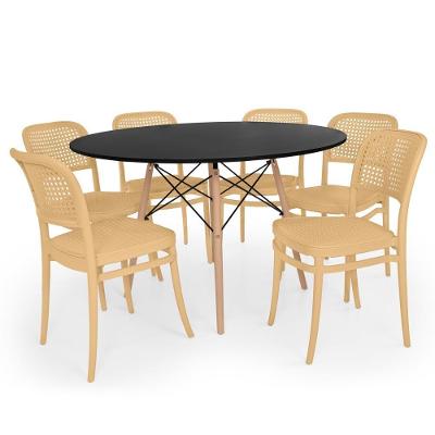 Conjunto Mesa De Jantar Redonda Eiffel Preta 120cm + 6 Cadeiras Roma - Nude