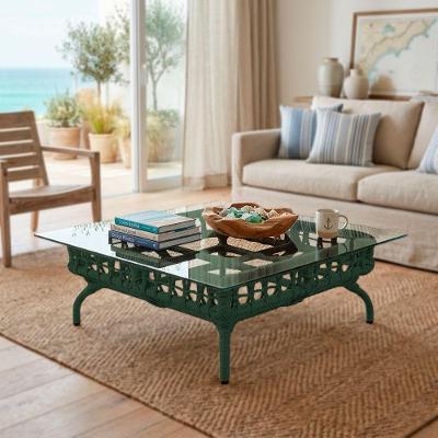 Mesa De Centro Com Tampo De Vidro Em Aço E Corda Náutica Verde Harpia