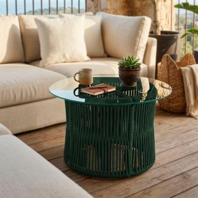 Mesa De Centro Com Tampo De Vidro Em Aço E Corda Náutica Verde Makuni