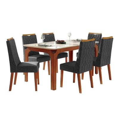 Conjunto Sala De Jantar Mesa Tampo Em Vidro 1,60m Mel 6 Cadeiras Bel Madeirado - Cinza