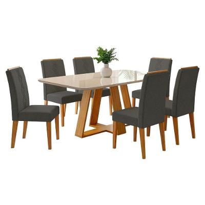 Conjunto Sala De Jantar Mesa Tampo Em Vidro 1,60m Maria 6 Cadeiras Tati Cedro - Cinza