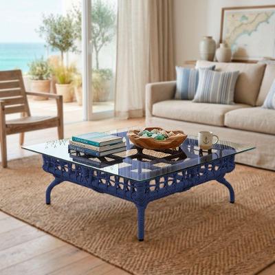 Mesa De Centro Com Tampo De Vidro Em Aço E Corda Náutica Azul Harpia
