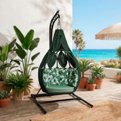 Ninho Em Aço E Corda Náutica Verde Ratanabá Com Suporte E Almofada Estampa Folha Verde