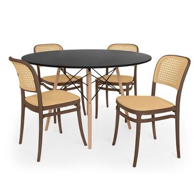 Conjunto Mesa De Jantar Redonda Eiffel Preta 120cm + 4 Cadeiras Roma - Marrom