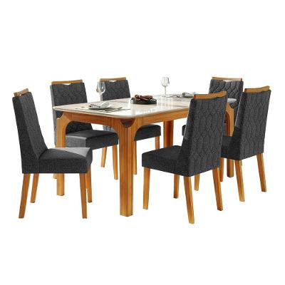 Conjunto Sala De Jantar Mesa Tampo Em Vidro 1,60m Mel 6 Cadeiras Bel Cedro - Cinza